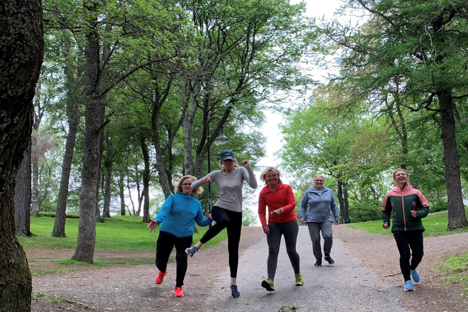 Fem damer som går tur i en park