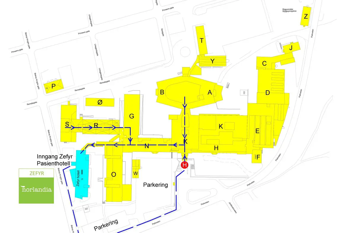 Kart over sykehuset som viser inngangen til pasienthotellet