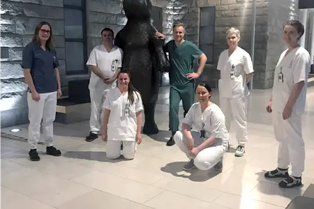 Sju personer stående sammen med hippo-figuren til Nordlandssykehuset